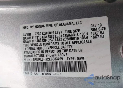 2019 Honda Odyssey Ex-L z USA, uszkodzony, nr VIN 5FNRL6H72KB083499